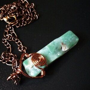 Rustic Teal Green Agate Bar Pendant w. Copper Figaro Chain - app 20" Wire Wrap